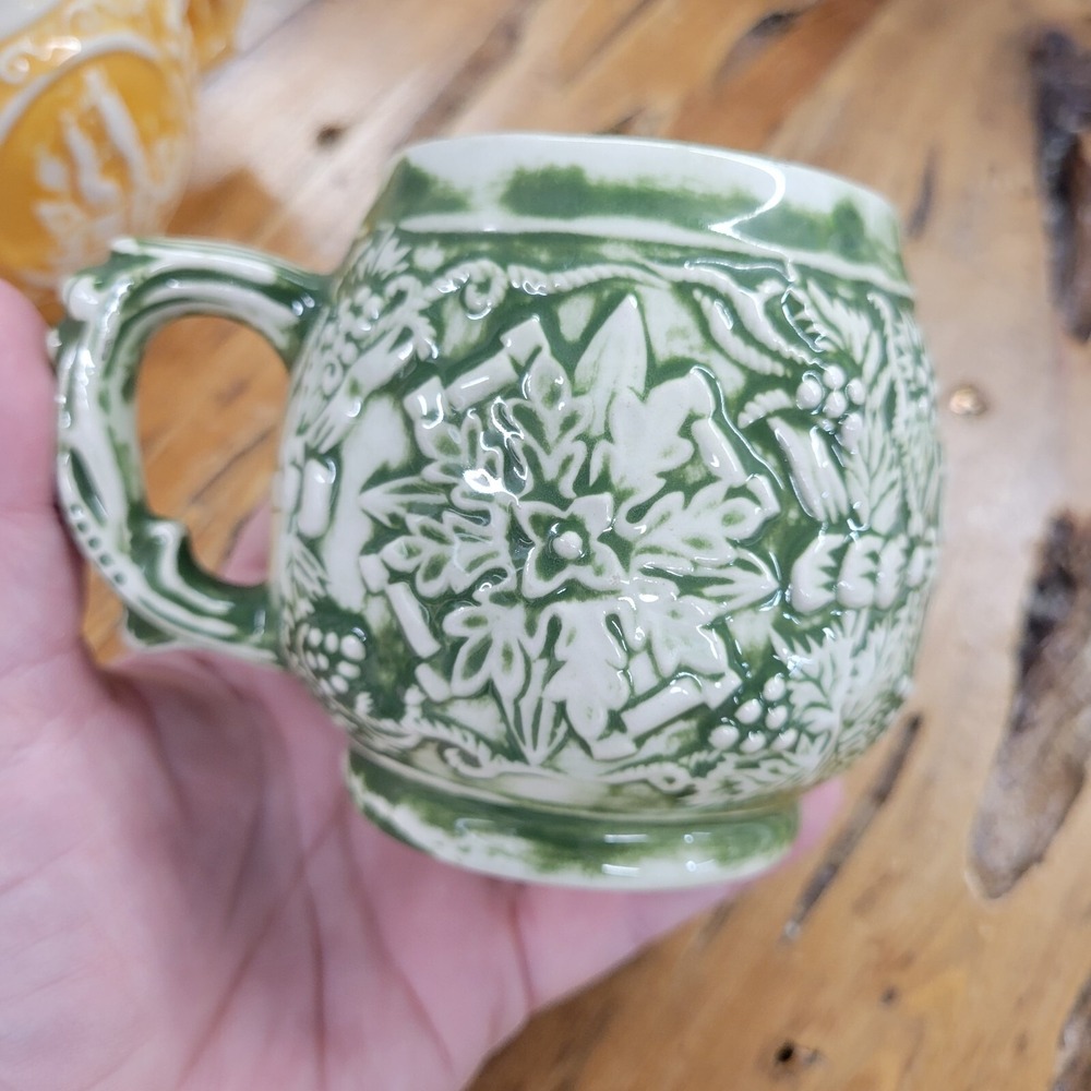 Set of 2 Vintage Mugs Green & Yellow Glazed Unique Relief Cups Signed 1970s - Picture 7 of 14